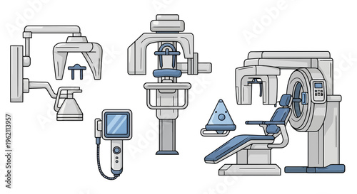 Vector Illustration Set of Professional Dental Equipment Including Panoramic X-ray Machine, Intraoral Scanner, and Advanced Dental Imaging Chair for Modern Stomatology Clinics