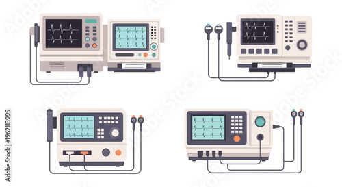 Set of Medical Patient Monitors and ECG Machines with Heart Rate Waveforms Vector Illustration