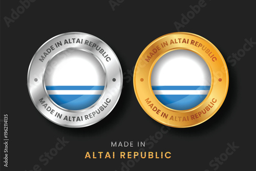 Professional gold and silver glossy emblems featuring the flag of the Altai Republic. Vector icon set for regional manufacturing, traditional products, and export origin labels from Russia.