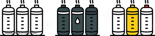 Industrial gas cylinder vector icon set featuring minimalist storage tanks for oxygen hydrogen energy fuel and chemical industry manufacturing process design.
