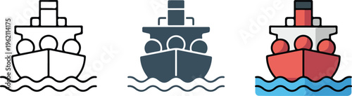 Cruise ship vector icon set featuring minimalist ocean liner vessel for maritime travel sea transportation vacation and nautical logistics design.