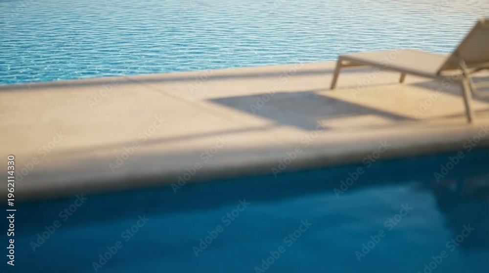 Fototapeta premium A serene poolside scene with a lounge chair on the deck overlooking calm water.