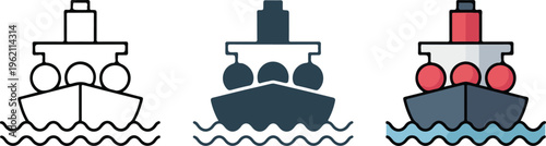 Cruise ship vector icon set featuring minimalist ocean liner vessel for maritime travel sea transportation vacation and nautical logistics design.