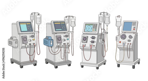 Set of Hemodialysis Machines for Kidney Treatment, Medical Equipment Vector Illustration