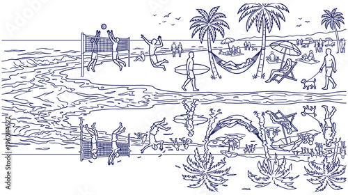 Beach resort activity sketch with volleyball surfing and palm trees.