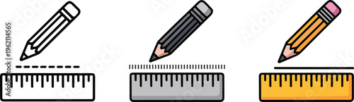 Pencil and ruler vector icon set featuring minimalist drafting tools for school education stationary architecture drawing and engineering measurement design.