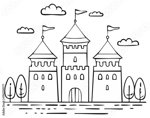 Whimsical Castle Illustration with Towers Flags and Clouds for Coloring