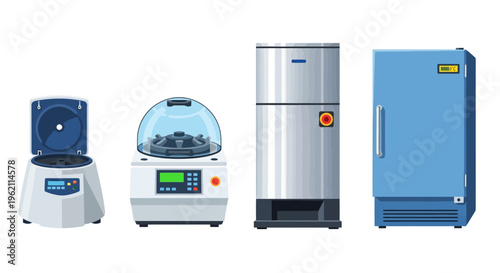 Set of Laboratory Equipment for Scientific Research Including Centrifuges and Medical Refrigeration Units Isolated on White