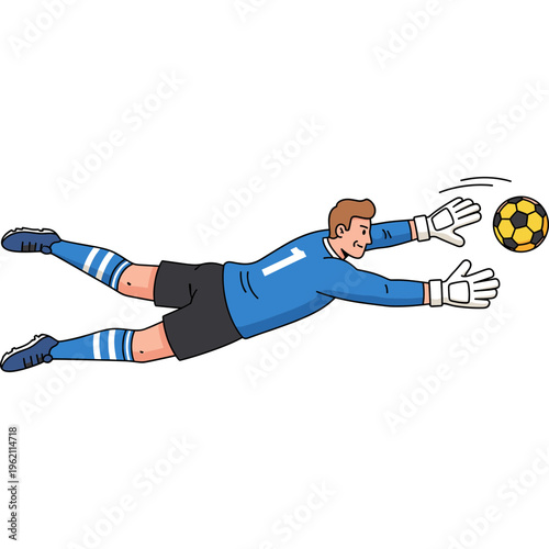 Soccer player diving to catch ball with gloves on hands