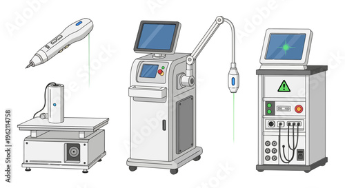 Medical laser machines and aesthetic surgery equipment set, vector illustration of dermatological treatment devices and cosmetic hardware for clinics and hospitals