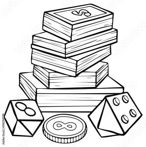 Stack of game cards and dice for board games and tabletop gaming entertainment