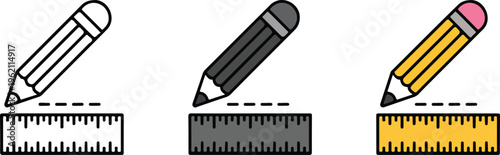 Pencil and ruler vector icon set featuring minimalist drafting tools for school education stationary architecture drawing and engineering measurement design.