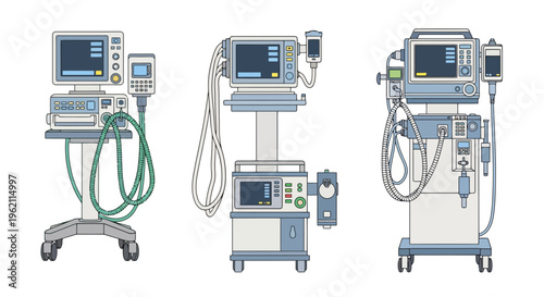 Set of Modern Medical Ventilators and Anesthesia Machines for Intensive Care Units, Professional Hospital Life Support Equipment Vector Illustration