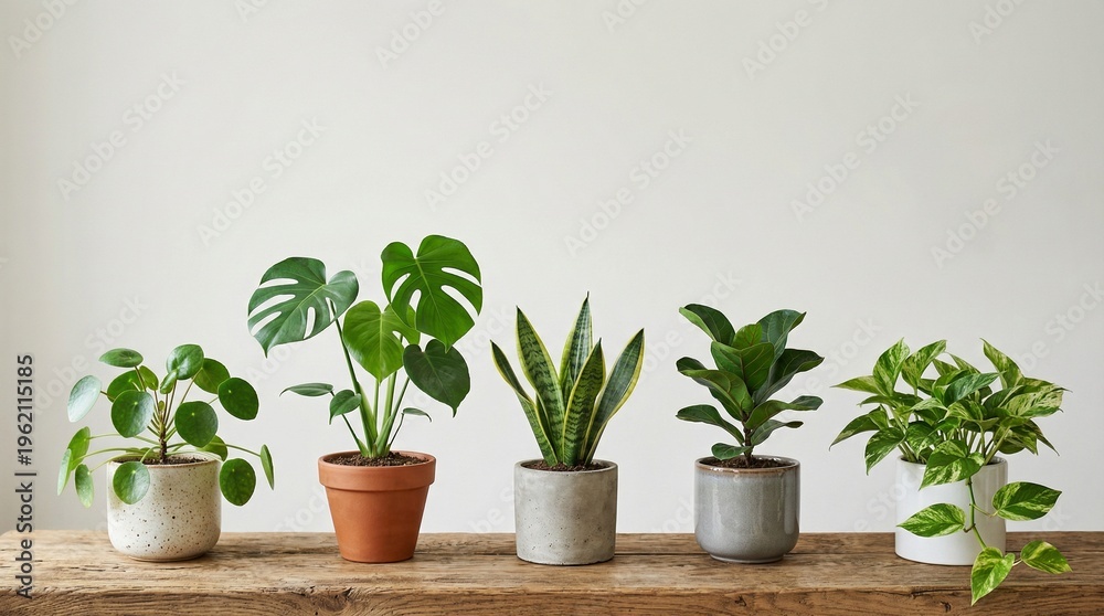 Fototapeta premium Several potted plants sit arranged on a wooden table indoors.