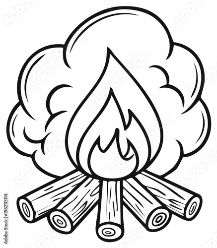 Warm Bonfire Graphic with Flames and Smoke for Coloring Book or Design Element Simple Camping Fire