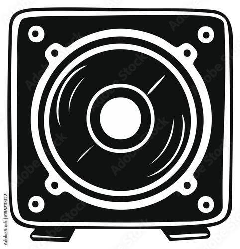 Monochrome vector illustration of a square music speaker for audio listening, isolated on a white background