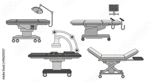 Set of medical operating room equipment illustrations including surgical tables, examination beds, scialytic lamp, and monitor icons