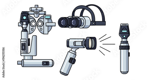 Vector Illustration of Ophthalmology Diagnostic Equipment and Optometry Tools Set