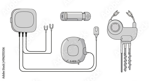 Vector Illustration Set of Cardiac Implantable Electronic Devices Including Traditional Pacemaker, Leadless Pacemaker, and S-ICD System