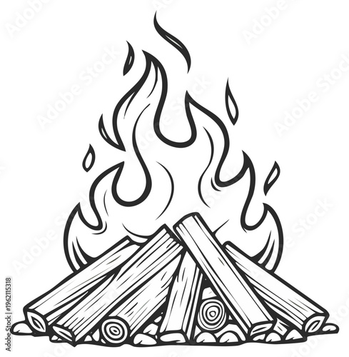 Monochrome bonfire vector art featuring logs, burning flames, providing warmth, perfect for camping illustrations or wilderness exploration designs