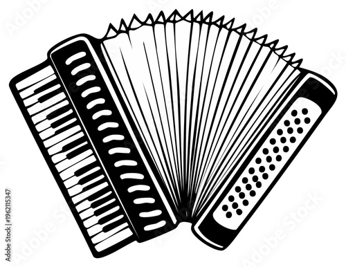 Black and White Accordion Musical Instrument with Keys and Bellows