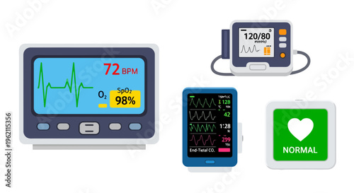 Vital Signs Medical Monitoring Equipment Set with Heart Rate Monitor, Blood Pressure Gauge, and Pulse Oximeter Vector Illustration