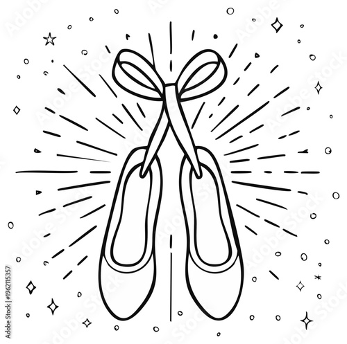 Hand-drawn ballet shoes hanging with bow, stylized light rays, drawing of slipper set for dance and sport vector
