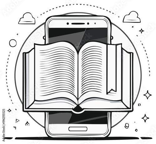Smartphone showing book pages, online reading concept illustration