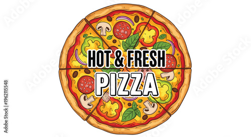 Mouthwatering whole pizza cut into slices with various toppings like pepperoni, mushrooms, peppers, and onions behind title text.