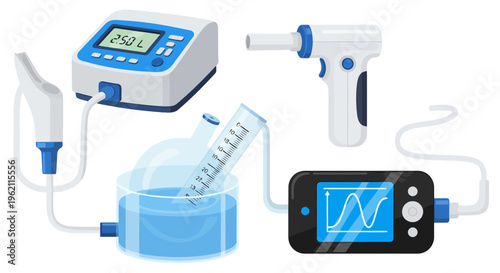 Vector illustration of medical respiratory equipment and laboratory diagnostic devices, including a digital ventilator, handheld spirometer, and lab testing setup with monitor.
