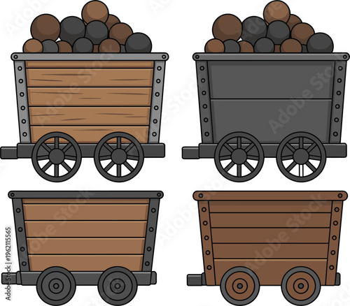 Mining cart vector set with coal and ore wagons, industrial mine transport illustration collection design