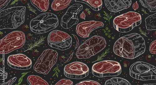 Seamless pattern featuring various hand drawn sketches of meat cuts, sausages, tomatoes, and herbs on a dark gray background.