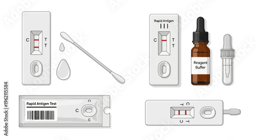 Medical Rapid Antigen Test Kit Vector Set Featuring Test Cassettes, Nasal Swab, Reagent Buffer Bottle, and Sealed Packaging for Diagnostic Screening