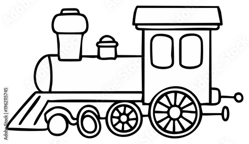 Outline drawing of a toy locomotive train with a classic engine, tender, and railway car for coloring in book