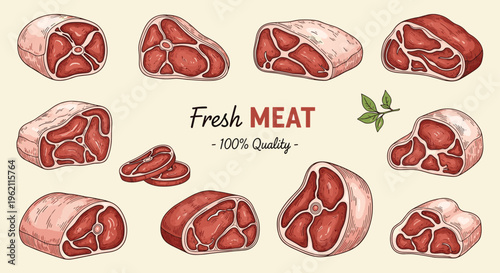 Assorted cuts of fresh raw meat including steaks and roasts presented in a hand-drawn style with vintage quality labels.