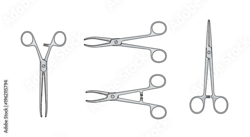 Vector illustration set of surgical forceps and hemostats, professional medical steel instruments for surgery and clinical procedures isolated on white background