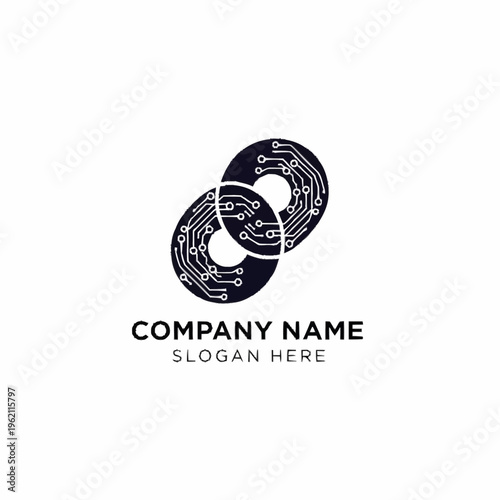 Interlocking circular circuit board logos representing technology and connectivity, with placeholder text for company name and slogan.