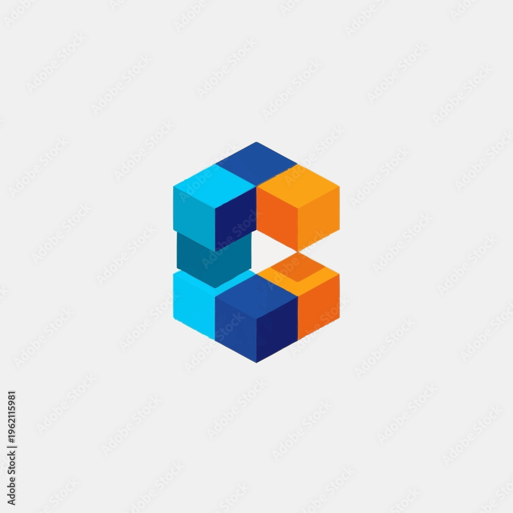 Obraz premium Abstract 3D geometric cube logo design with blue and orange blocks forming a letter C shape.