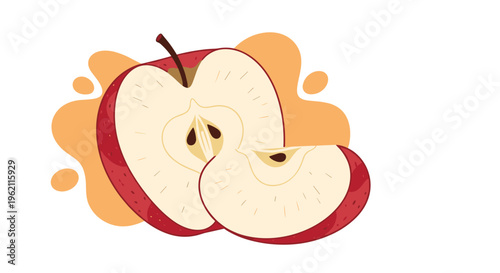 Realistic illustration of a crisp red apple cut in half to show the core and seeds alongside a small juicy fruit slice.