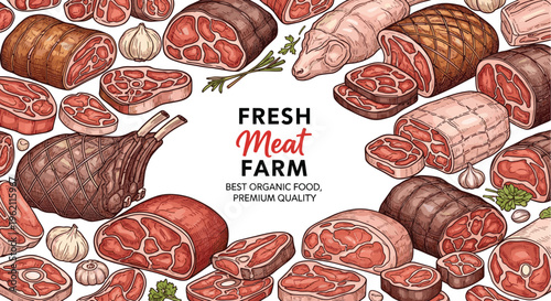 Decorative border featuring various high-quality cuts of meat from an organic farm including ribs, roasts, and garlic bulbs.