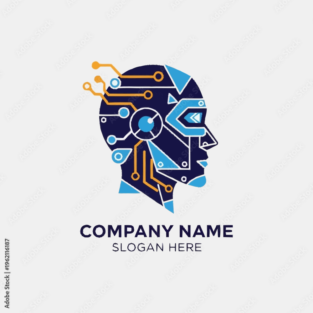 Fototapeta premium Abstract futuristic robot head logo with circuit board patterns and glowing blue eye.