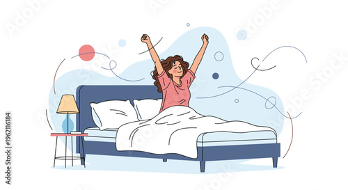 Refreshing illustration of a young woman with curly hair waking up in bed and stretching her arms in the bright morning light.