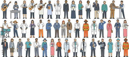 Large collection of diverse professional people characters representing various occupations and careers like doctor teacher chef and firefighter vector illustration.
