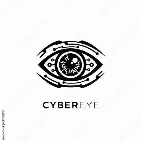 A stylized black and white graphic of a cybernetic eye with circuitry patterns, labeled "CYBEREYE".