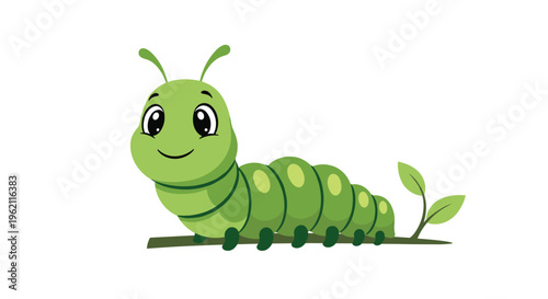 Cute and friendly green cartoon caterpillar with large expressive eyes crawling along a small branch with fresh leaves.