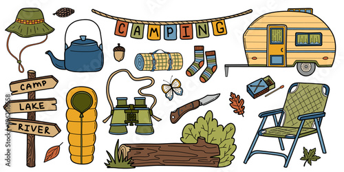 Van tourism and summer camping equipment vintage vector illustrations in doodle style. Cute simple camping gear and travel tools hand drawn icon collection. Summer outdoor rest concept
