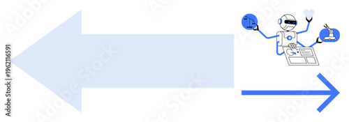 Automation, artificial intelligence, workflow management, multitasking, efficiency, futuristic tech. A robot multitasking with tools and documents. Automation and artificial intelligence concept