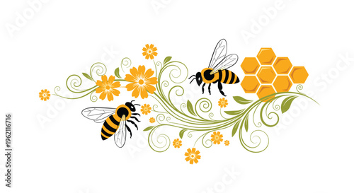 Ornamental flourish design featuring busy honeybees, blooming yellow flowers, and a golden honeycomb with elegant swirls.