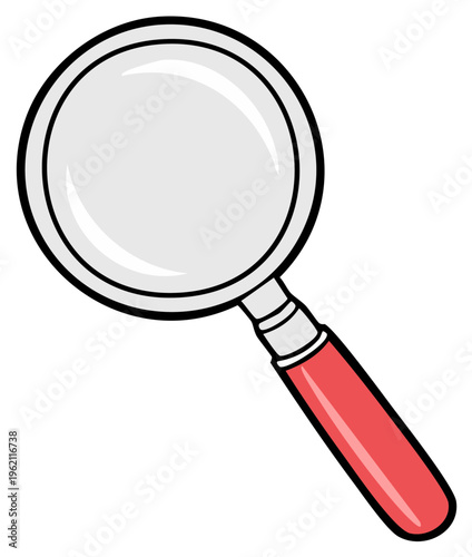 Cartoon magnifying glass with red handle on a white background, representing research and investigation