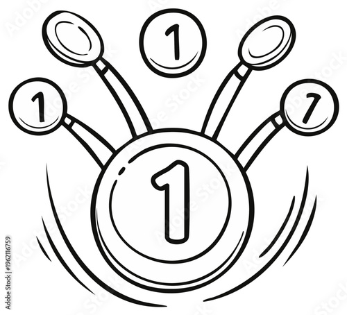 Cartoonish illustration of a round object with number 1 and smaller items